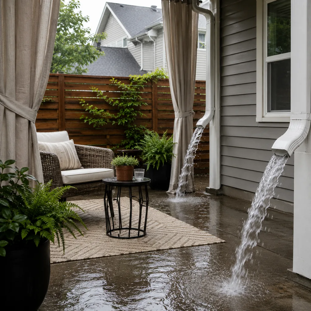 Realistic editorial photo of a small patio with compact seating, outdoor rug, plants, side table, curtains, and privacy screen showing downspouts dumping onto t