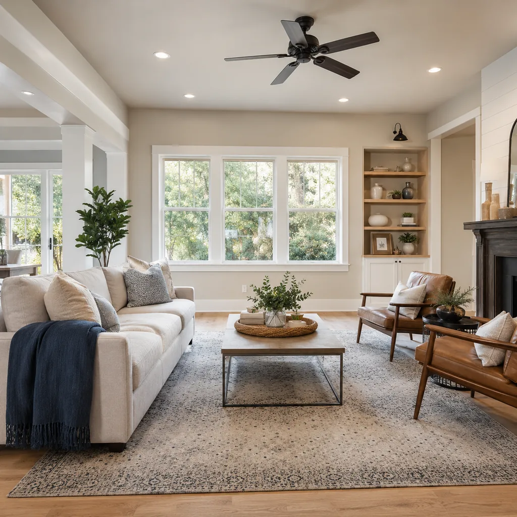 Realistic editorial photo of a staged American living room with sofa, rug, windows, lighting, and buyer-facing details showing open shelves with breathing room