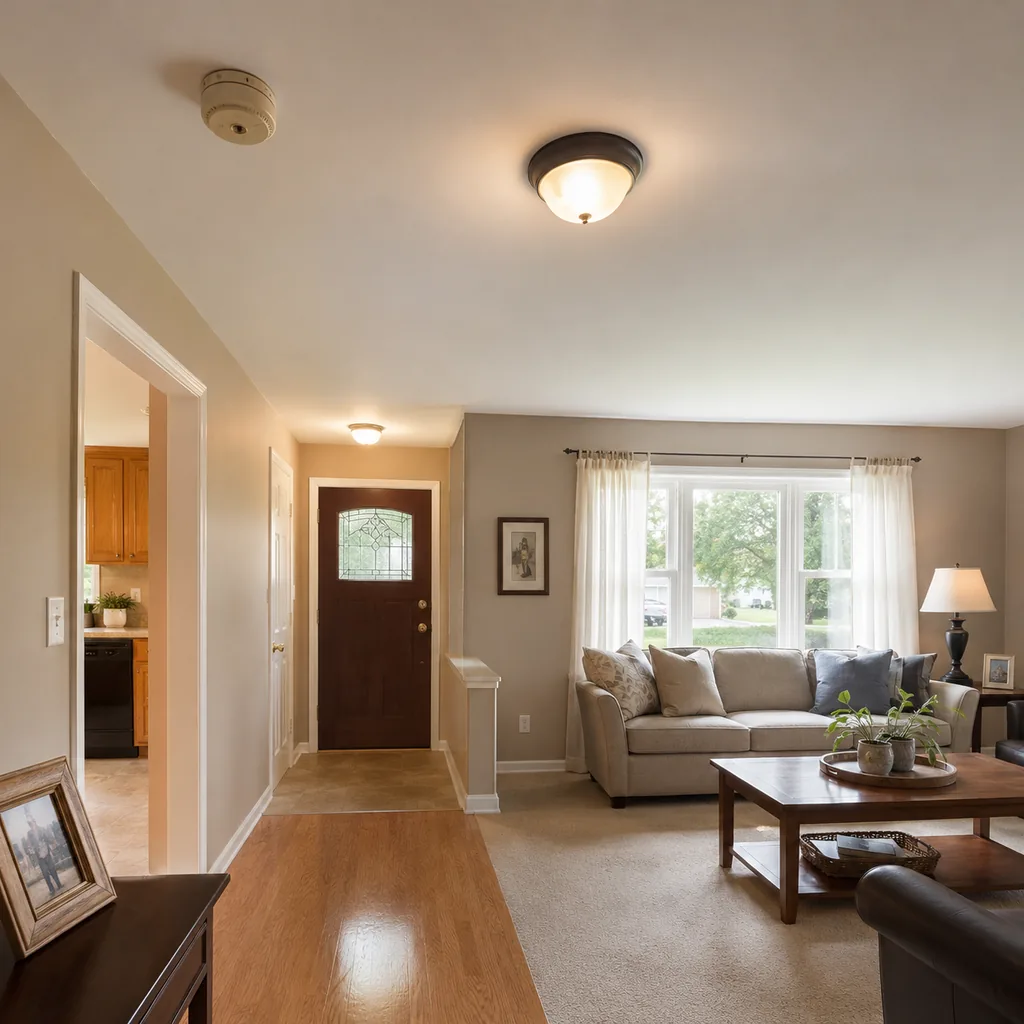 Realistic editorial photo of a staged home interior with living room, entry, lighting, furniture placement, and listing-photo details showing old smoke detector