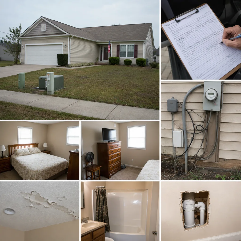 Realistic editorial photo of a suburban American home with appraisal paperwork, exterior details, utilities, and interior repair clues showing bedroom layouts t