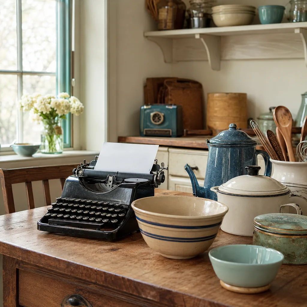 Realistic editorial photo of a vintage kitchen table with bowls, enamel cookware, utensils, tins, and warm window light showing typewriters that still move smoo