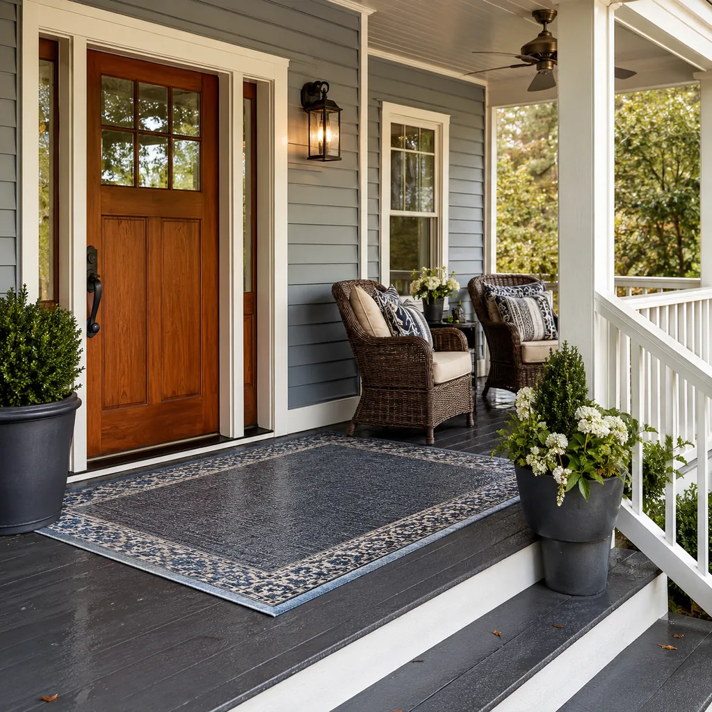 Realistic editorial photo of an American front porch with siding, steps, planters, seating, and a visible front door showing outdoor rug that survives rain
