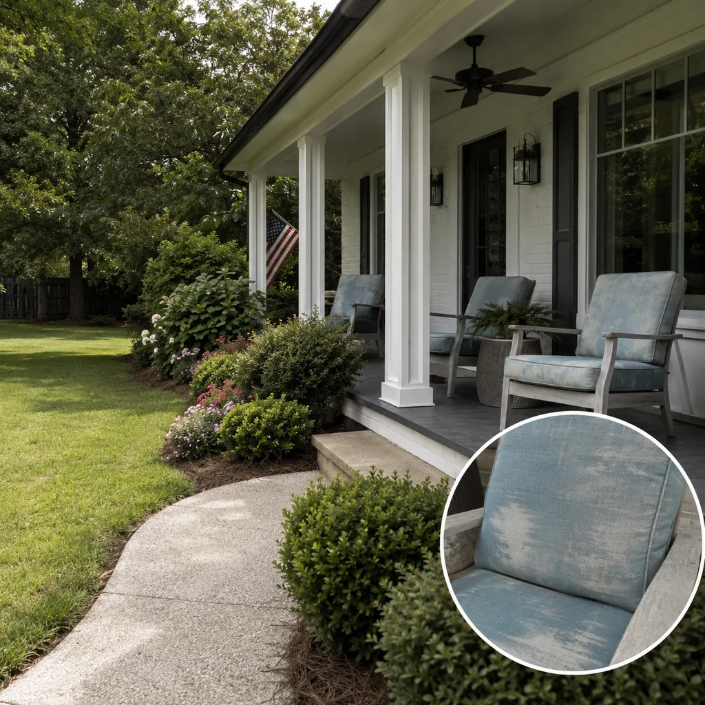 Realistic editorial photo of an American front yard with lawn, shrubs, walkway, mulch beds, trees, and a front porch showing outdoor fabric that fades too quick