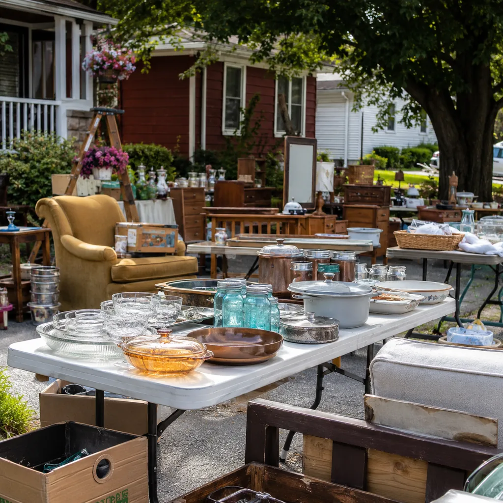 Realistic editorial photo of an American garage sale with folding tables, boxes, old kitchen items, furniture, and collectibles showing items that look ordinary