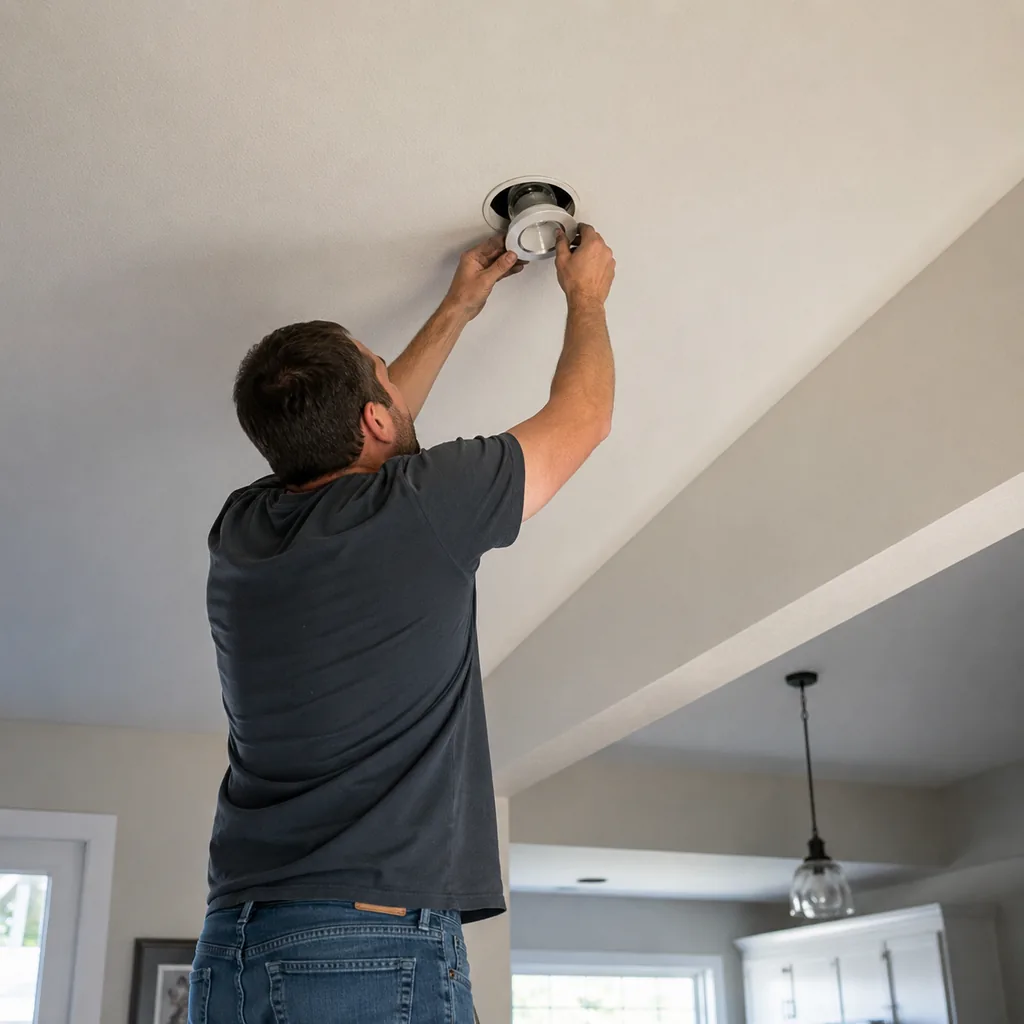 Realistic editorial photo of an American home lighting showing skipping maintenance access