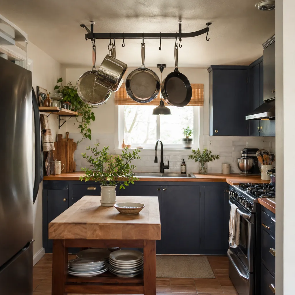 Realistic editorial photo of an American small kitchen showing using a pot rack in a low room