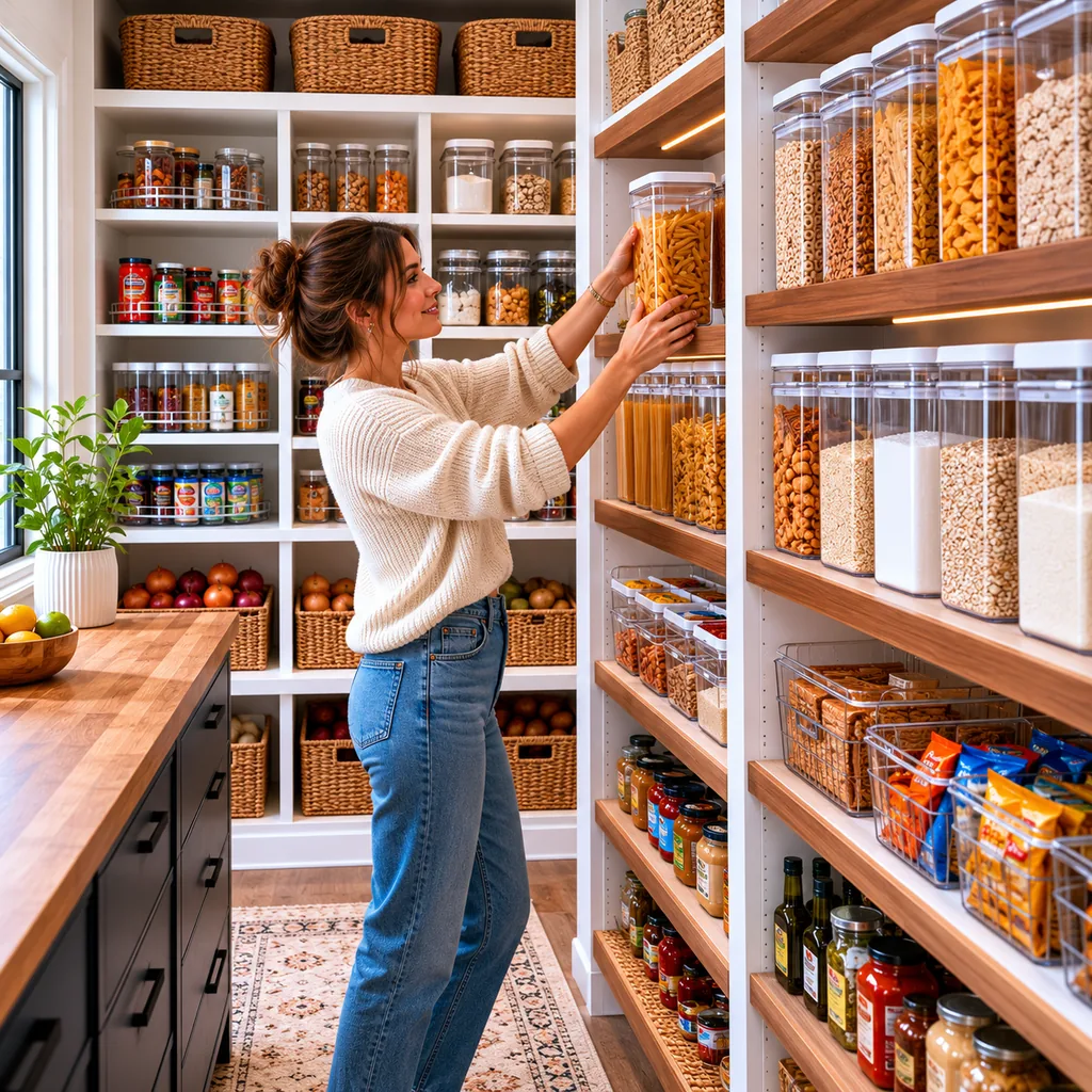 Realistic editorial photo of an American walk-in pantry showing letting packaging decide layout