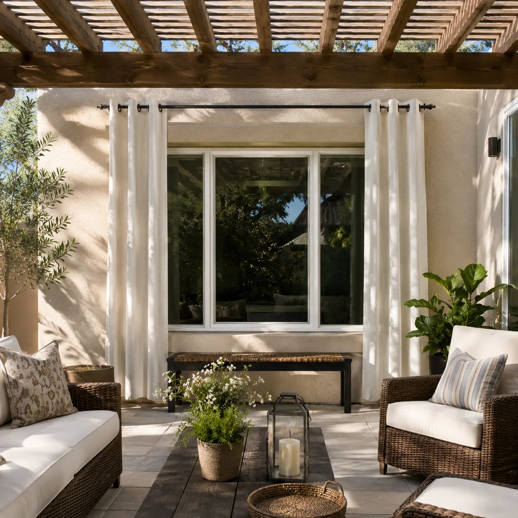 Realistic editorial photo of an outdoor patio with pergola curtains, seating, plants, fabric panels, and sunlight showing panels too narrow for the window