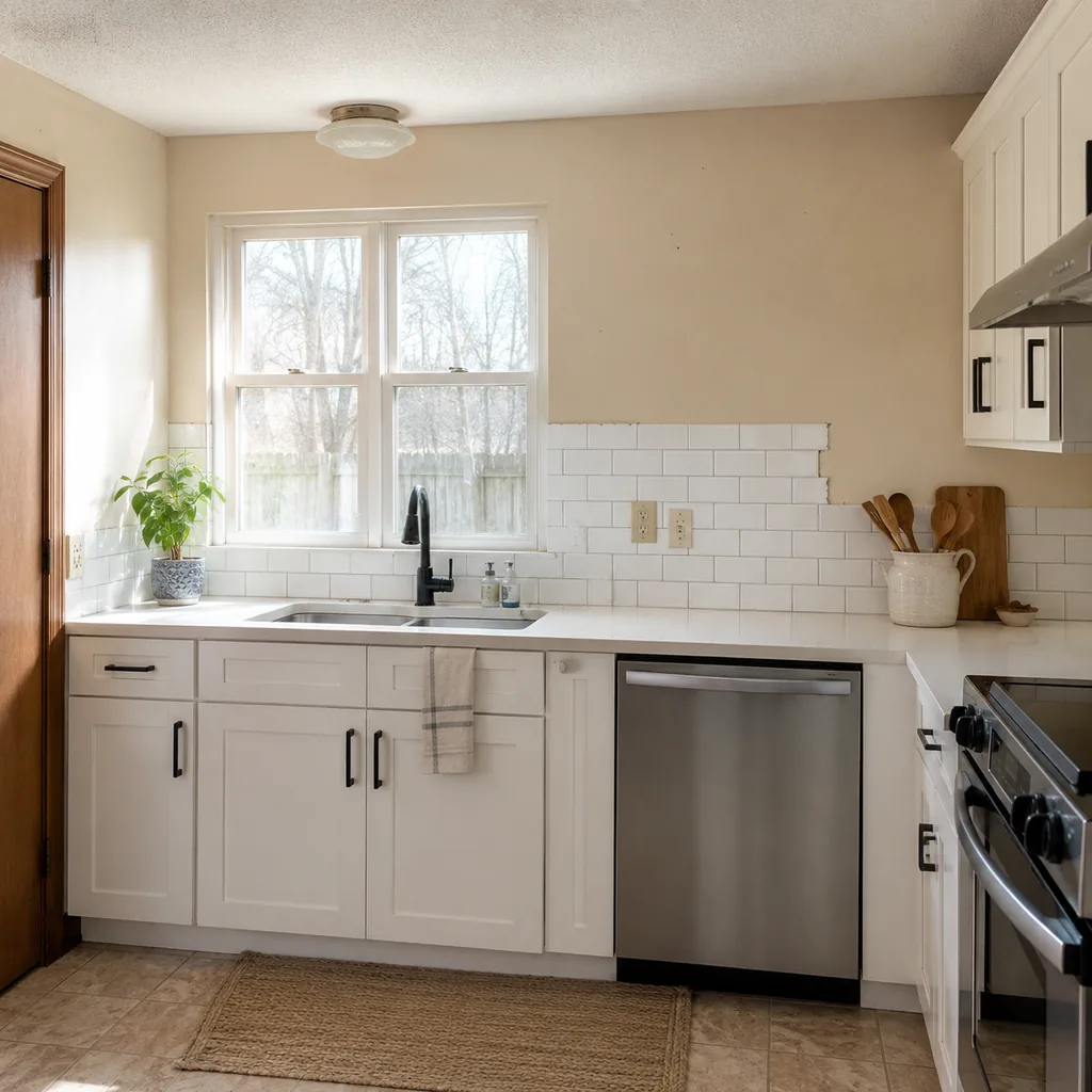Realistic editorial photo of an updated kitchen with new counters, cabinets, backsplash, sink, hardware, and lingering dated details showing backsplash that sto