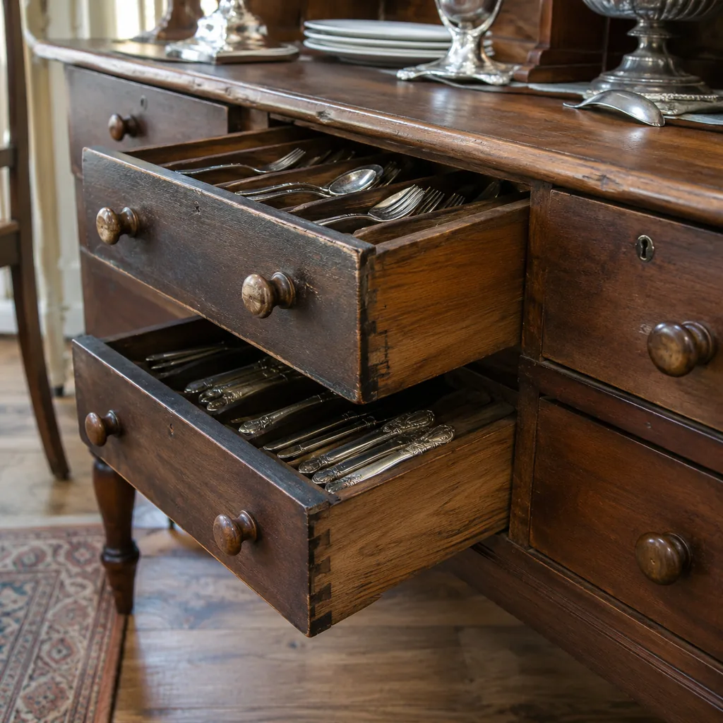 Realistic editorial photo of close-up antique furniture details with drawers, joints, hardware, and old wood grain showing sterling or silverplate flatware