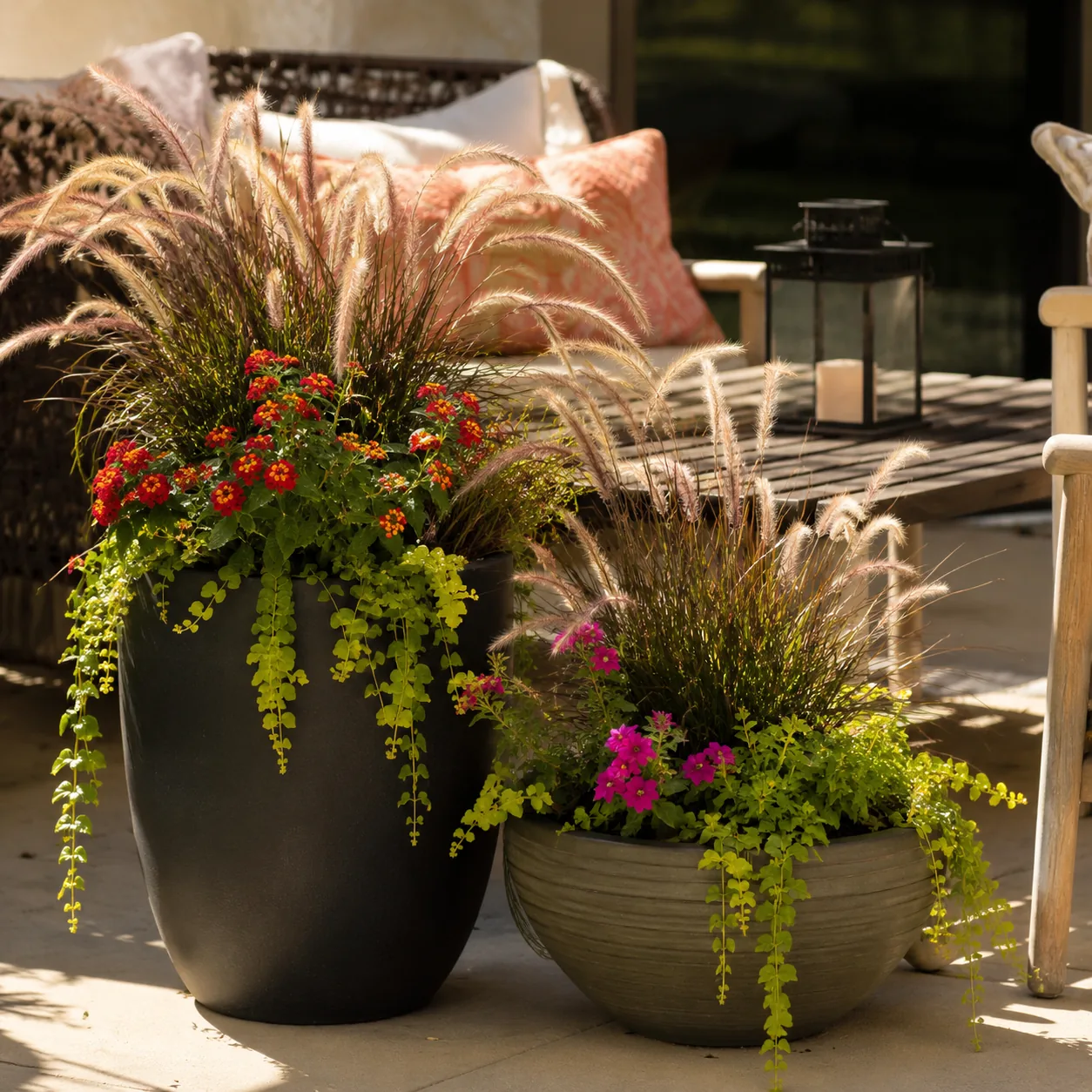 Realistic editorial photo of Dwarf fountain grass growing in sunny patio containers with heat tolerant flowering plants,