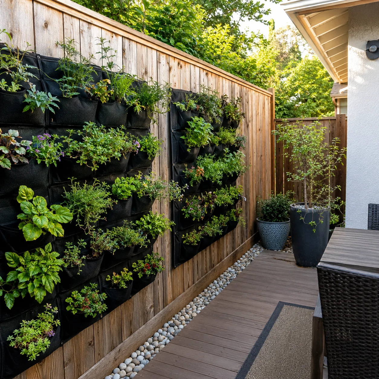 Realistic editorial photo of living wall pocket panels in an ordinary backyard needing privacy, realistic editorial phot
