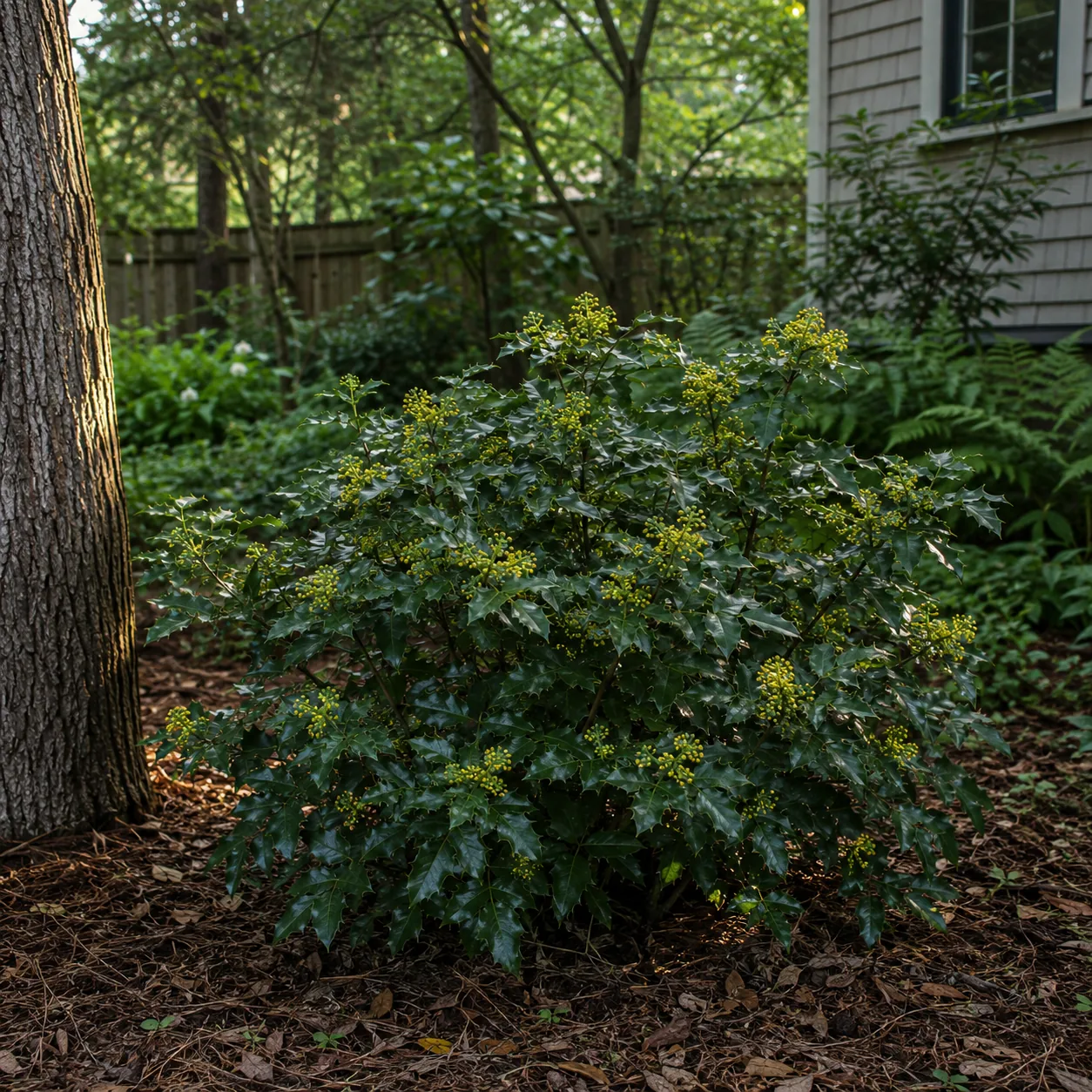 Realistic editorial photo of Mahonia in mild shade growing in dry shady side yard under mature trees planted with shade 