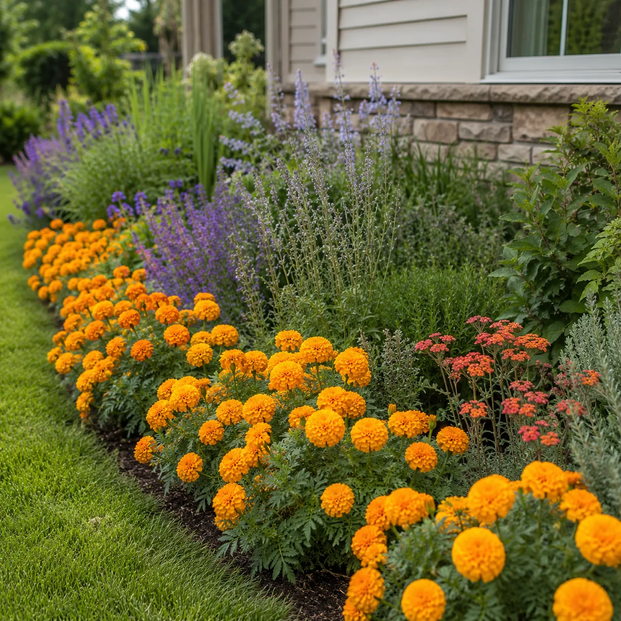 Realistic editorial photo of Marigolds growing in front yard border with deer resistant flowering plants, realistic edit