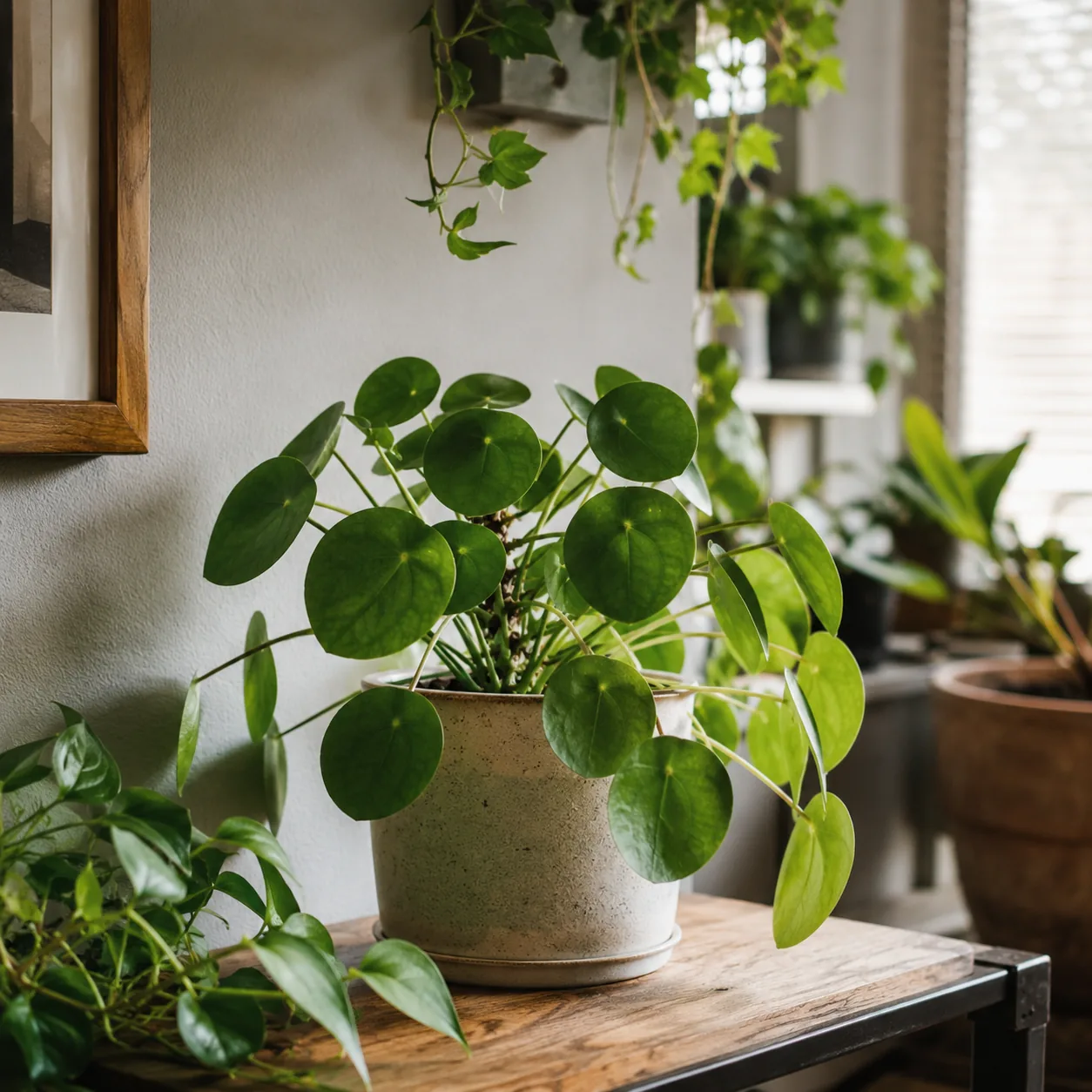 Realistic editorial photo of Pilea peperomioides near a bright wall growing in low light room corner with houseplants ne