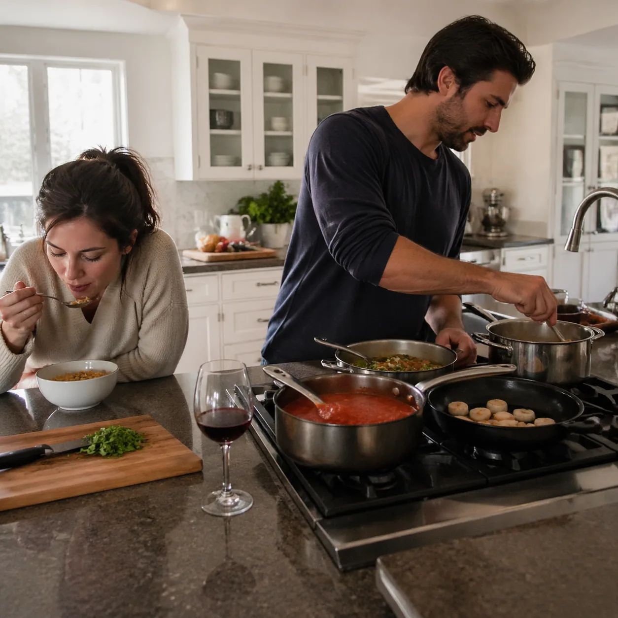 Realistic lifestyle photo of a husband cooking elaborately at a stove with multiple pots and a glass of wine while his w