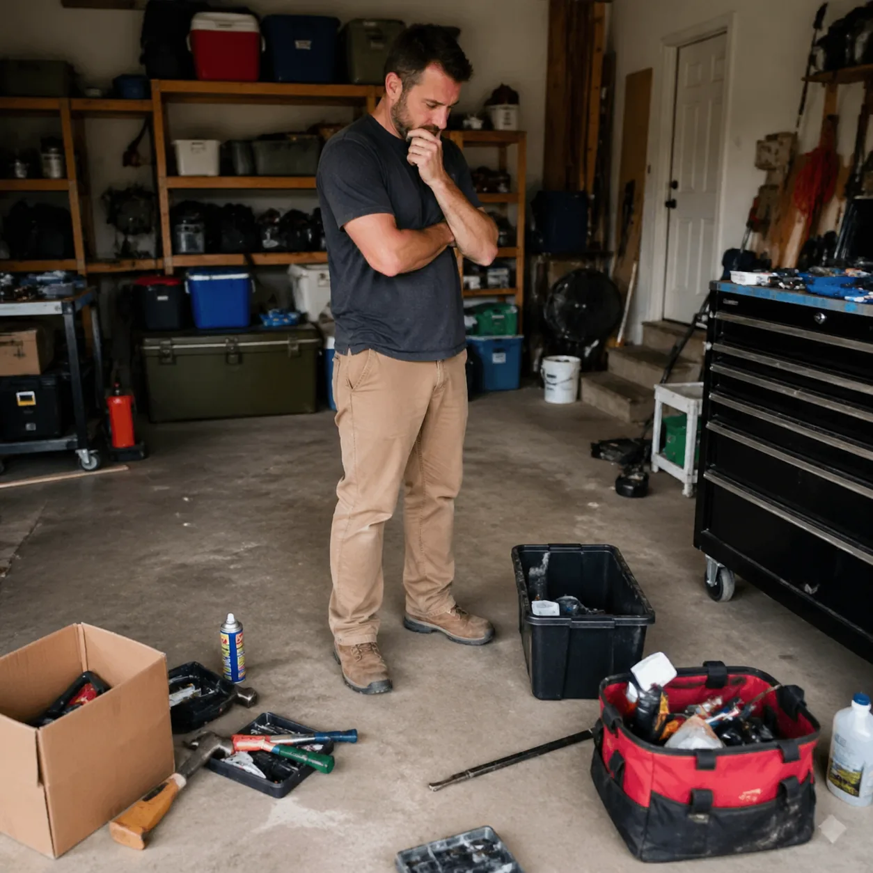 Realistic lifestyle photo of a husband standing thoughtfully in a half-organized garage with tools spread around him