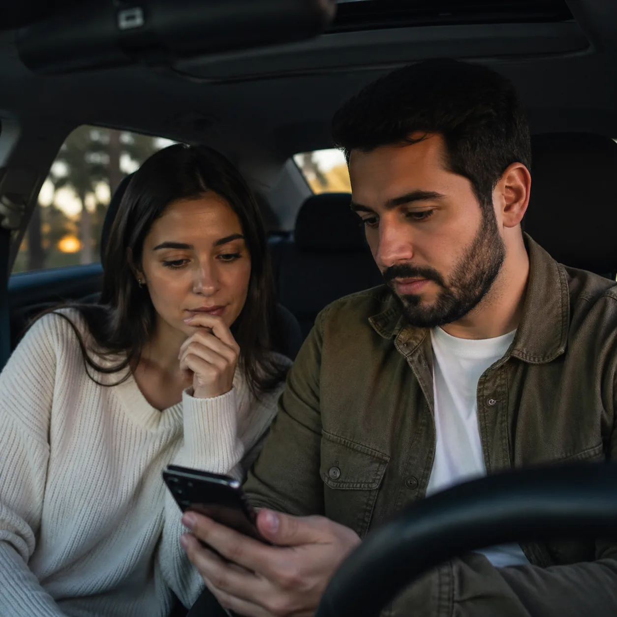 Realistic photo of a married couple sitting in a parked car deciding where to eat, wife thoughtful, husband holding phon