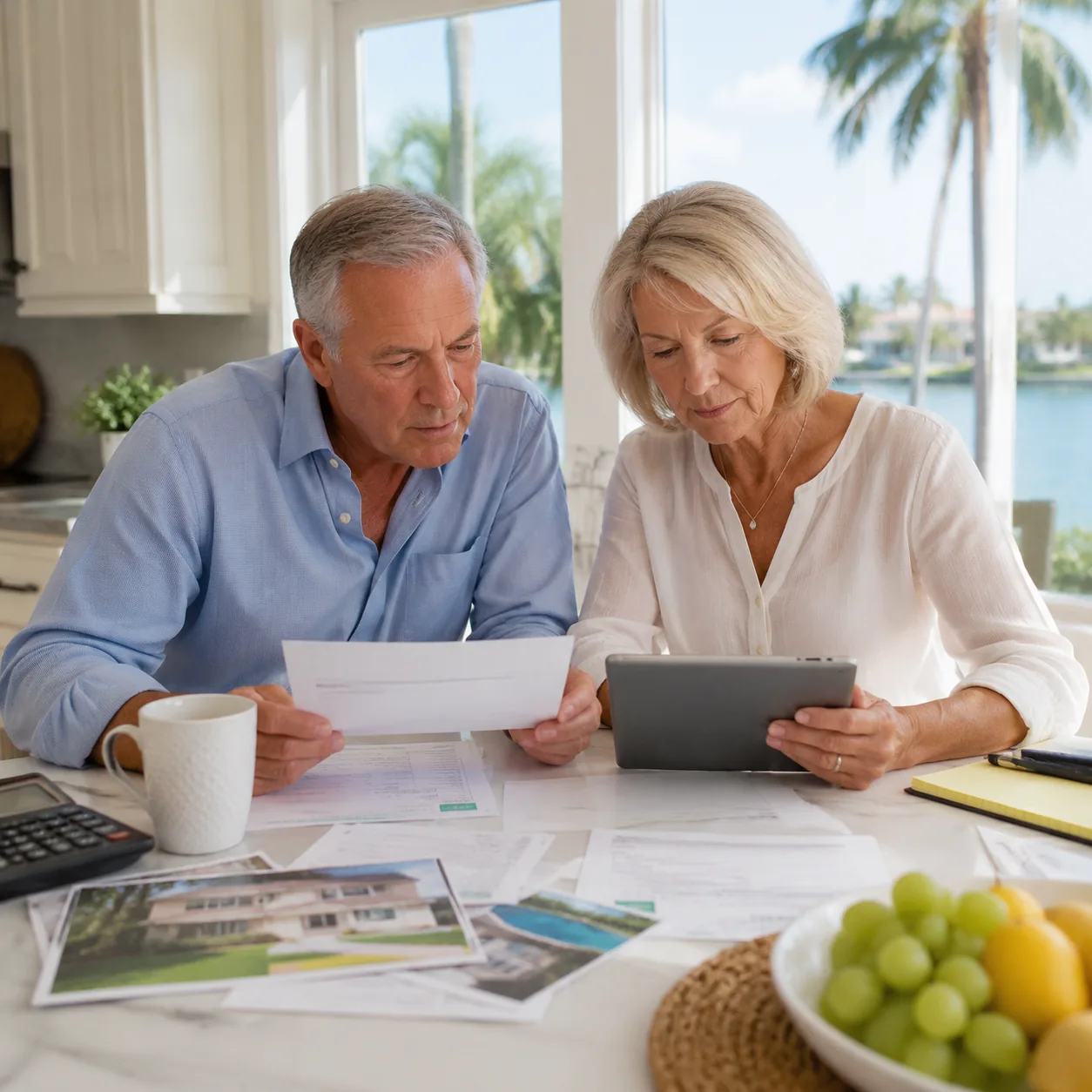 retired couple reviewing home listing and household bills in sunny Florida kitchen, realistic editorial lifestyle photog