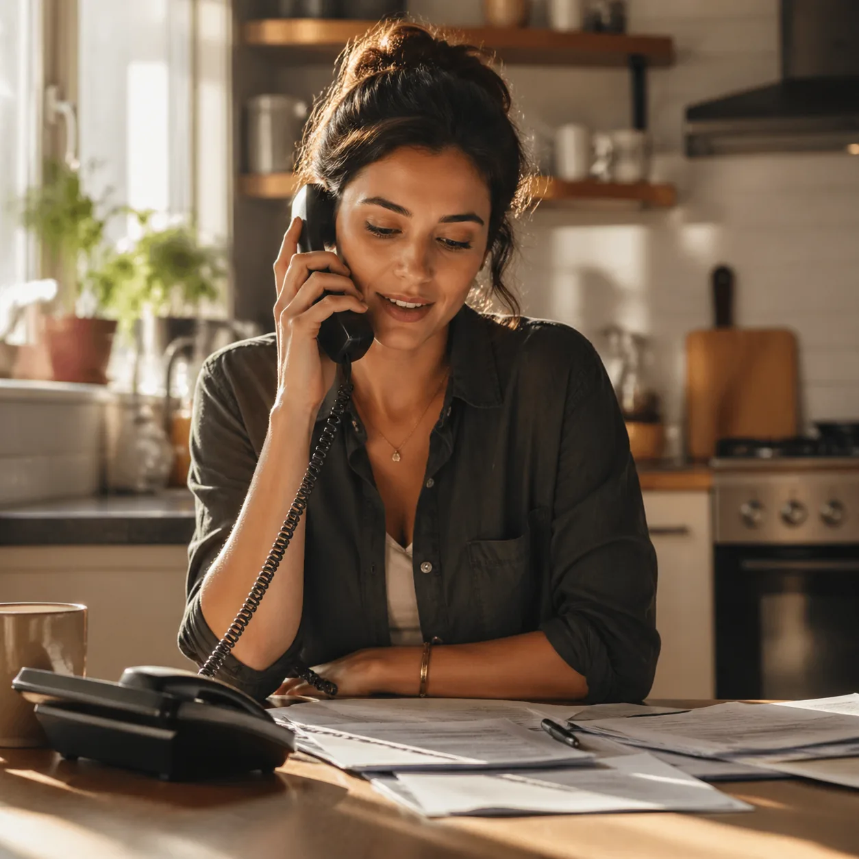 Warm editorial photo of a young woman calmly speaking on a corded telephone in a sunlit kitchen, paperwork spread before