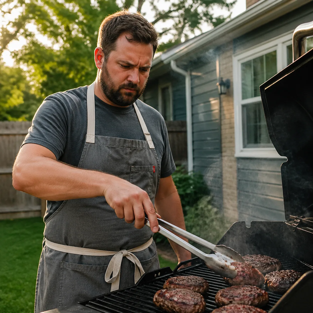 Funny realistic lifestyle photo of a husband wearing an apron and holding tongs at a backyard grill with serious focus