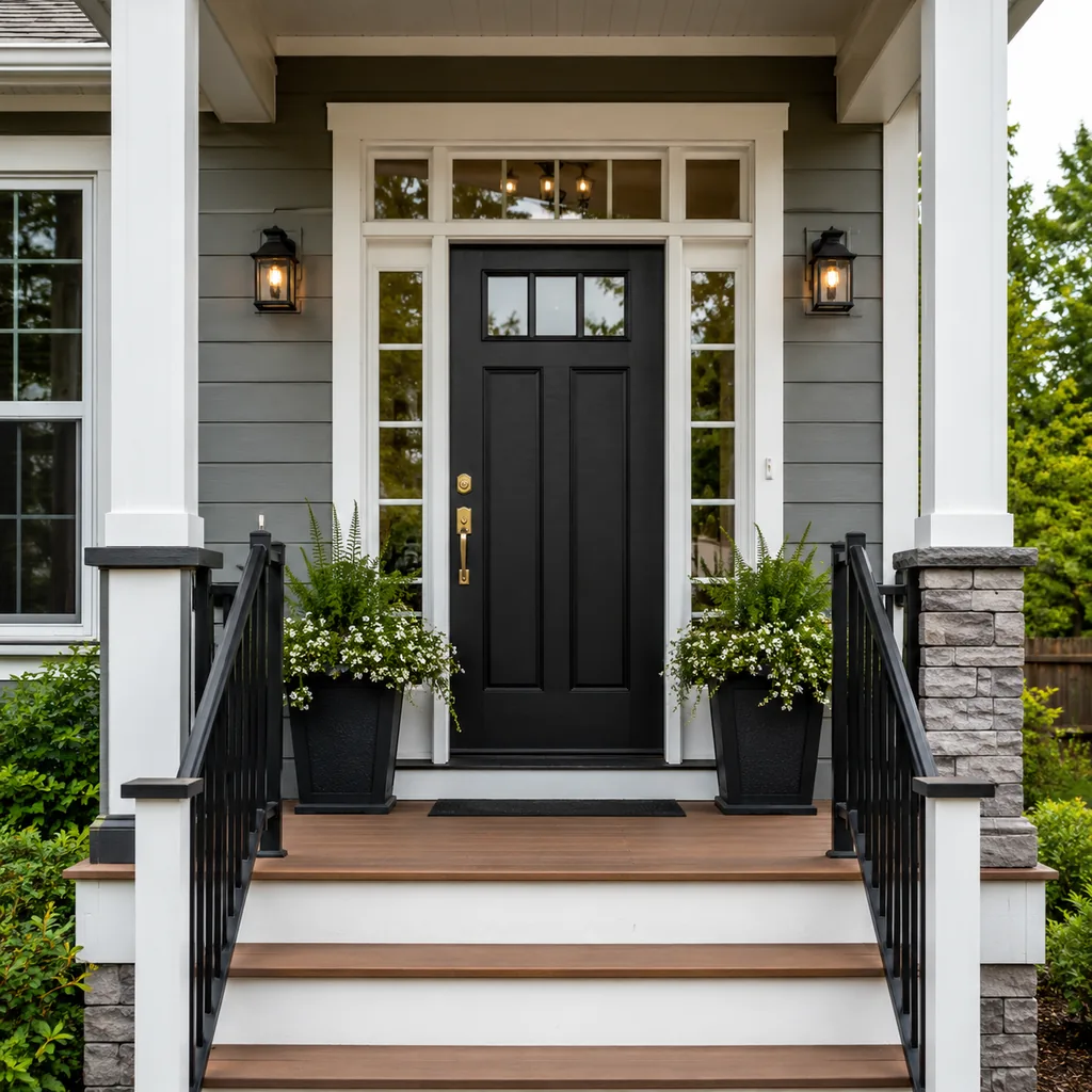 Realistic editorial photo of a black front door on an American home with trim, planters, hardware, and porch details showing railings that feel proportional