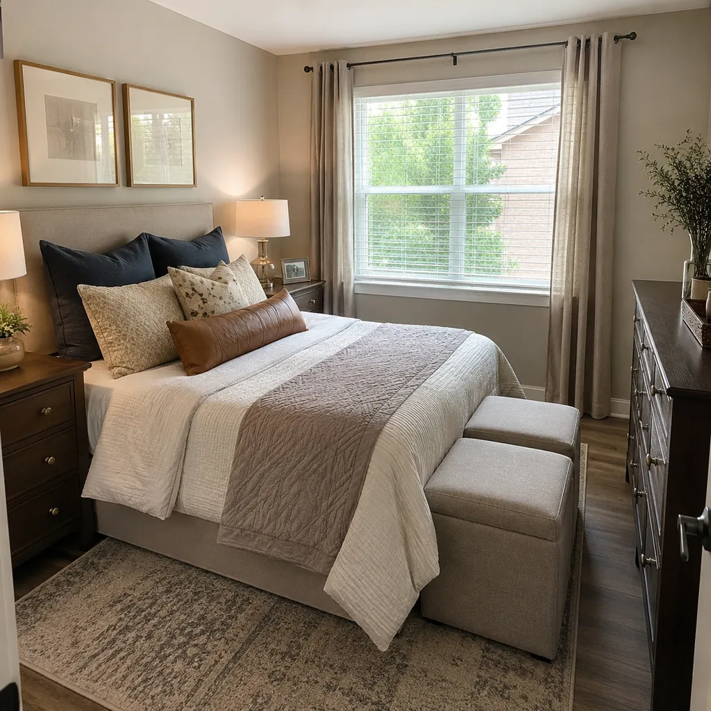 Realistic editorial photo of a compact American bedroom with bed, nightstands, window, dresser, and tight walkways showing ottomans that can move when needed