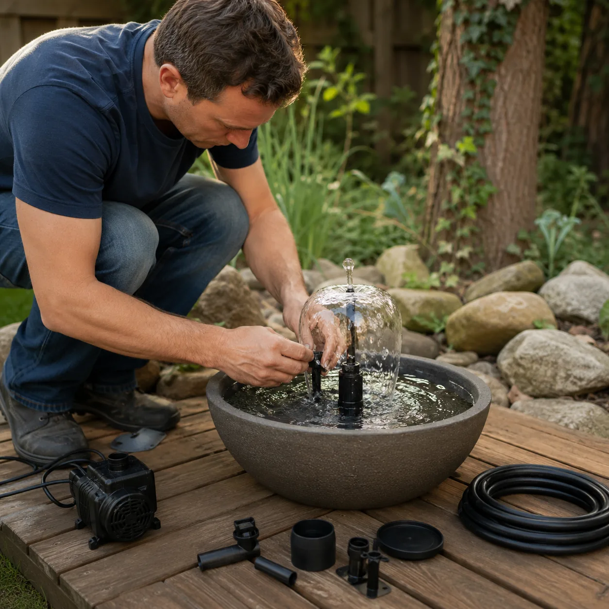 Realistic editorial photo of a compact fountain kit in budget backyard weekend upgrade, realistic editorial photo, natur