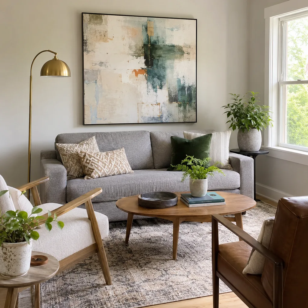 Realistic editorial photo of a compact living room with sofa, chairs, rug, coffee table, and window light showing single large piece of art