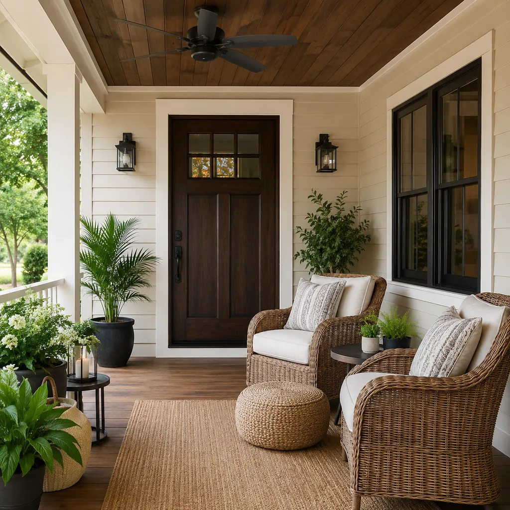 Realistic editorial photo of a covered porch with chairs, ceiling fan, plants, side tables, rug, and outdoor living details showing front door finish without fa
