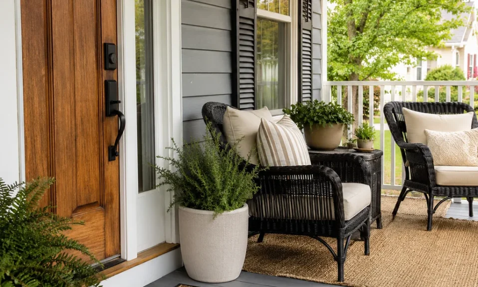 Realistic editorial photo of a cozy American porch with outdoor chairs, cushions, plants, railings, and layered decor showing doormat scaled to the entry