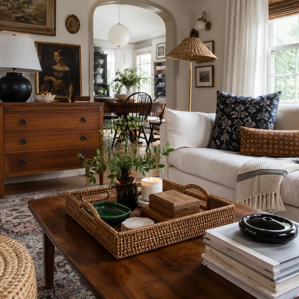 Realistic editorial photo of a home interior with vintage decor, modern furniture, warm wood, patterned accents, and layered lighting showing decorative trays t