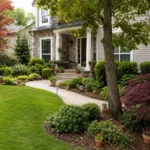 Realistic editorial photo of a landscaped American front yard with lawn, shrubs, mulch beds, trees, walkway, and house exterior showing tiny pots scattered ever