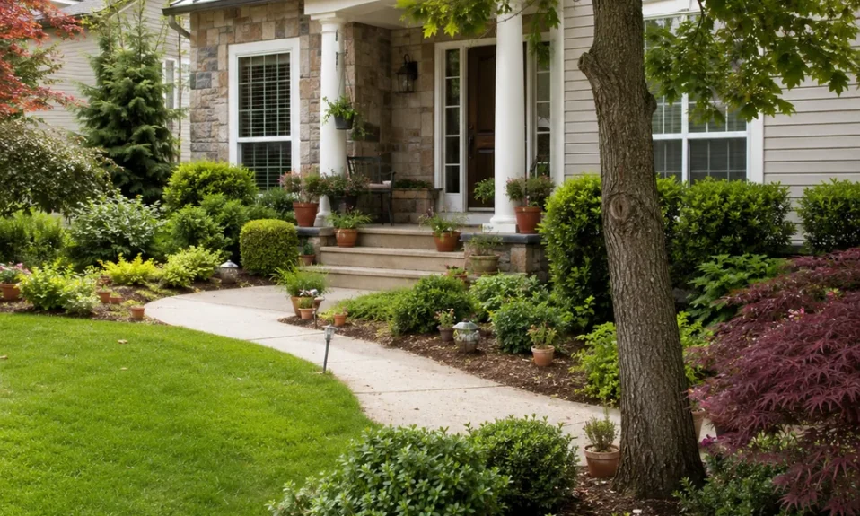 Realistic editorial photo of a landscaped American front yard with lawn, shrubs, mulch beds, trees, walkway, and house exterior showing tiny pots scattered ever