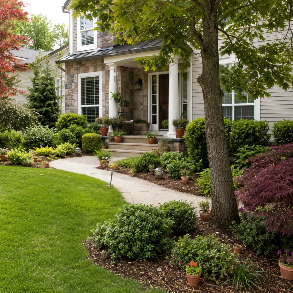 Realistic editorial photo of a landscaped American front yard with lawn, shrubs, mulch beds, trees, walkway, and house exterior showing tiny pots scattered ever
