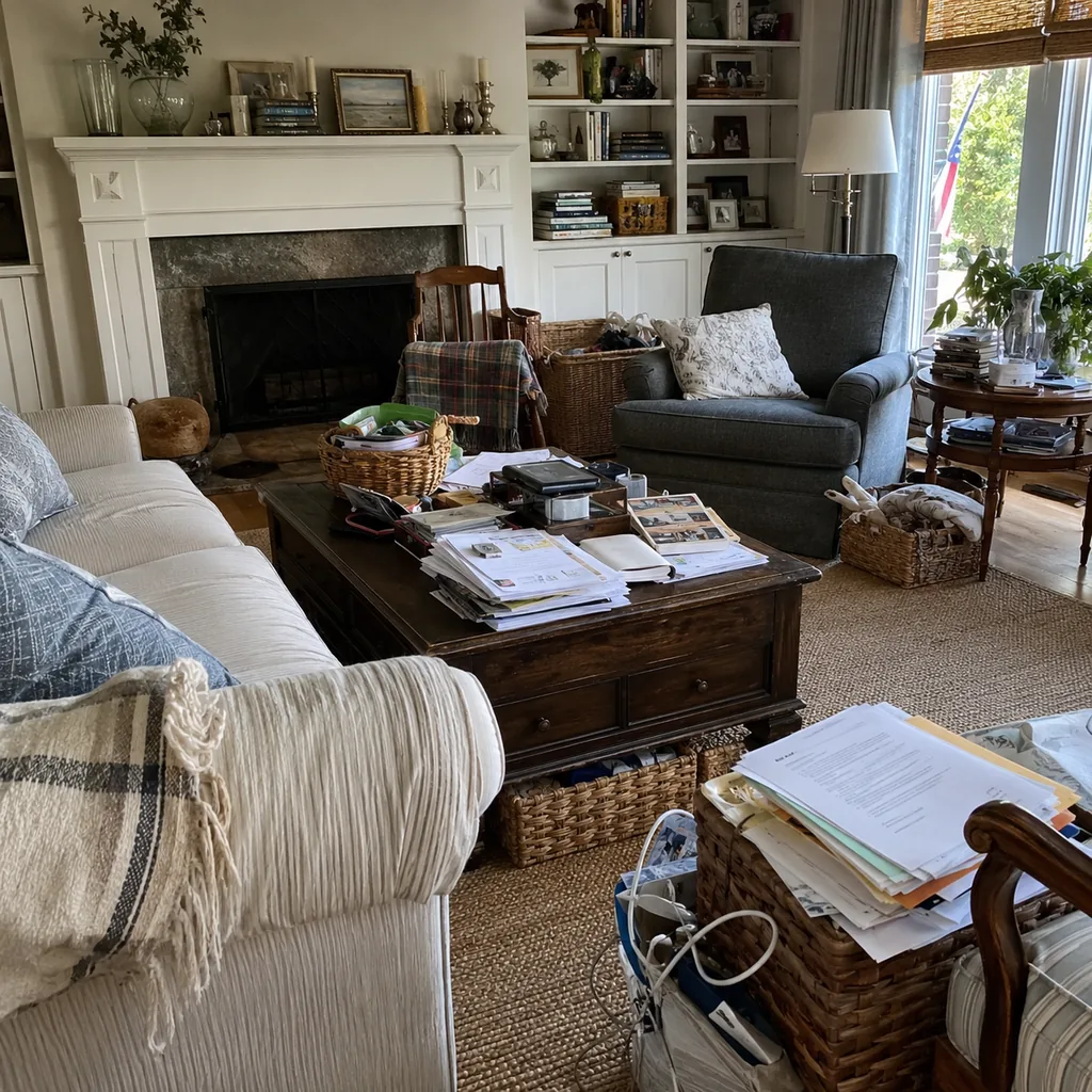 Realistic editorial photo of a living room with crowded surfaces, extra chairs, baskets, blankets, cords, and storage furniture showing paper piles without an a