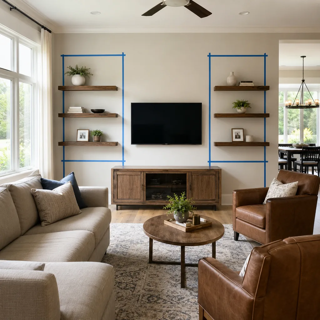 Realistic editorial photo of a living room with sofa, chairs, rug, TV, windows, and taped layout marks showing open shelves with breathing room