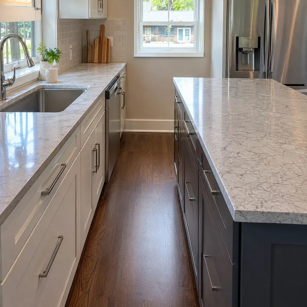 Realistic editorial photo of a realistic American kitchen with sink, cabinets, appliances, counters, and inspection details showing kitchen island too large for