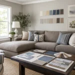 Realistic editorial photo of a room with paint swatches, sample boards, wall colors, trim, furniture, and daylight showing couch color that dominates the room