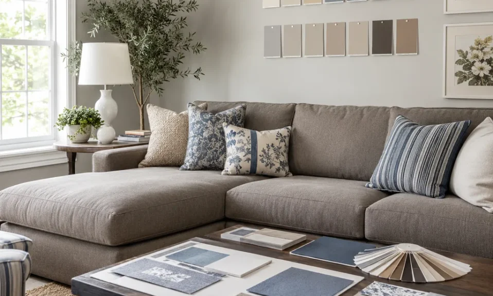 Realistic editorial photo of a room with paint swatches, sample boards, wall colors, trim, furniture, and daylight showing couch color that dominates the room