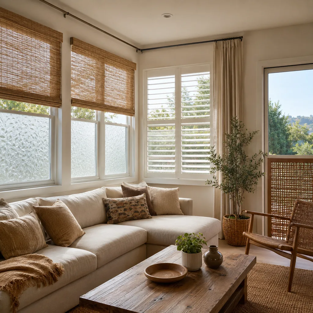Realistic editorial photo of a room with windows, shades, shutters, woven panels, privacy film, and soft natural light showing living room with no soft window f
