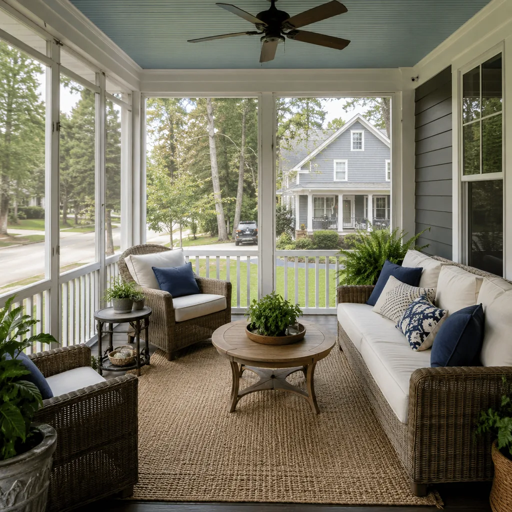Realistic editorial photo of a screened porch with sofa, chairs, rug, plants, ceiling fan, screens, and soft daylight showing house numbers visible from the str