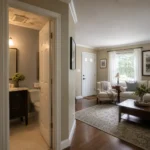 Realistic editorial photo of a staged home interior with living room, entry, lighting, furniture placement, and listing-photo details showing bathroom fans vent