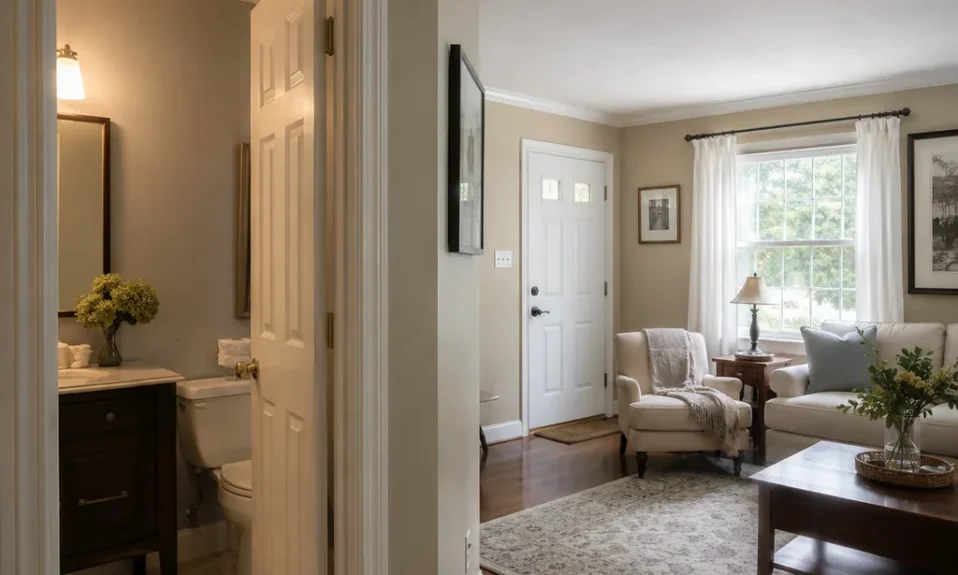 Realistic editorial photo of a staged home interior with living room, entry, lighting, furniture placement, and listing-photo details showing bathroom fans vent