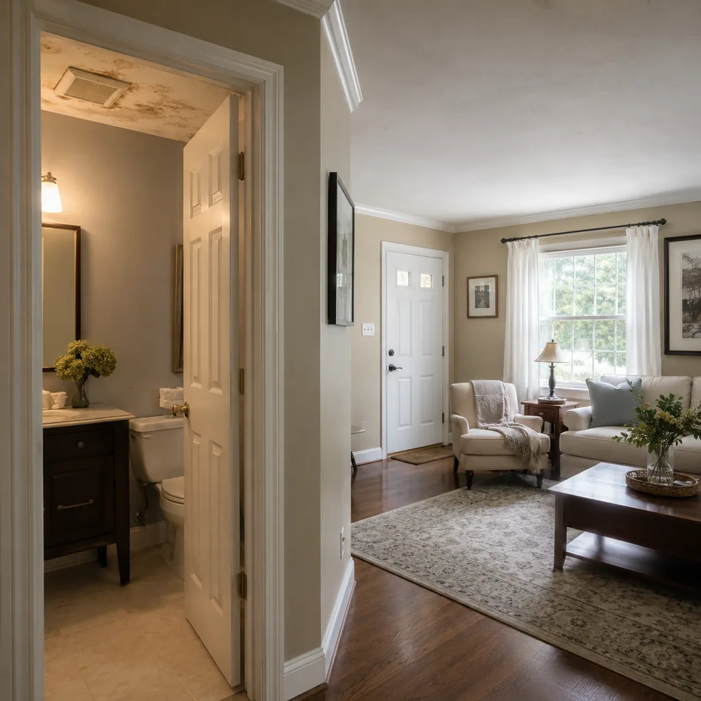Realistic editorial photo of a staged home interior with living room, entry, lighting, furniture placement, and listing-photo details showing bathroom fans vent
