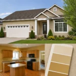 Realistic editorial photo of a suburban home exterior with siding, trim, roof, front door, lawn, and paint swatches showing tuscan gold making a kitchen feel ol