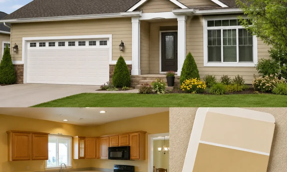 Realistic editorial photo of a suburban home exterior with siding, trim, roof, front door, lawn, and paint swatches showing tuscan gold making a kitchen feel ol