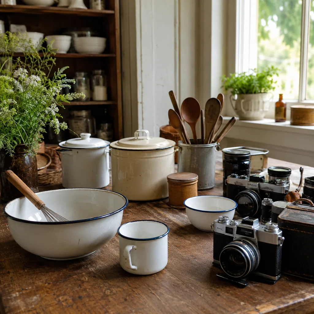 Realistic editorial photo of a vintage kitchen table with bowls, enamel cookware, utensils, tins, and warm window light showing old cameras with lenses