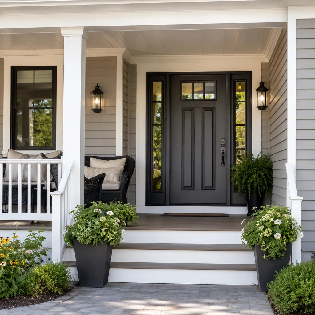 Realistic editorial photo of an American front porch with siding, steps, planters, seating, and a visible front door showing cleaner sightlines around the entry
