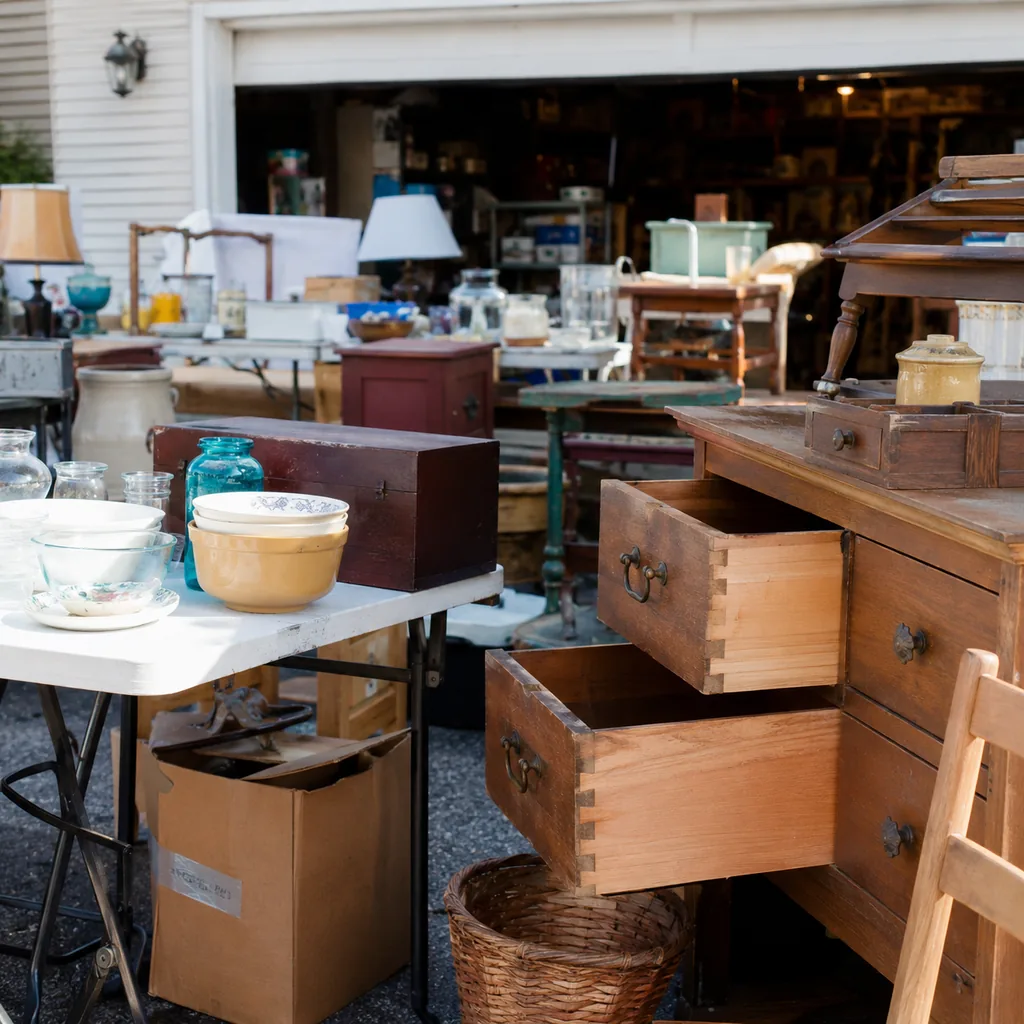 Realistic editorial photo of an American garage sale with folding tables, boxes, old kitchen items, furniture, and collectibles showing solid wood dovetail draw